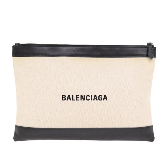 BALENCIAGA Clip M Clutch Bag Canvas Leather Beige Silver - Picture 1 of 16